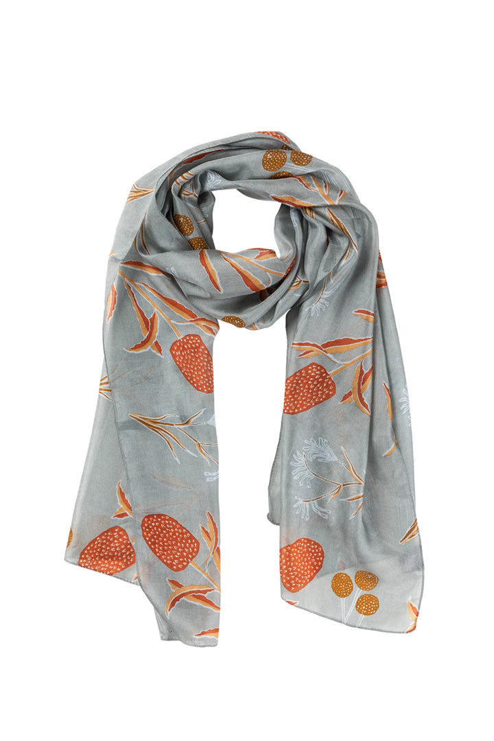 Australian Bush Flower Silk Scarf- Ice/ Burnt Orange / Caramel