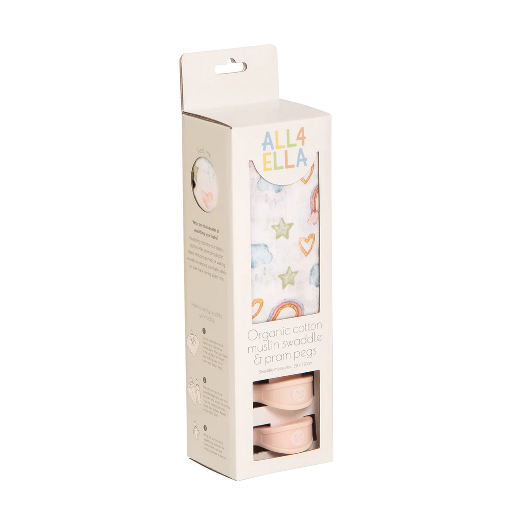 All4Ella Organic Muslin & 2 Pram Peg Box Set - Rainbow Dreams