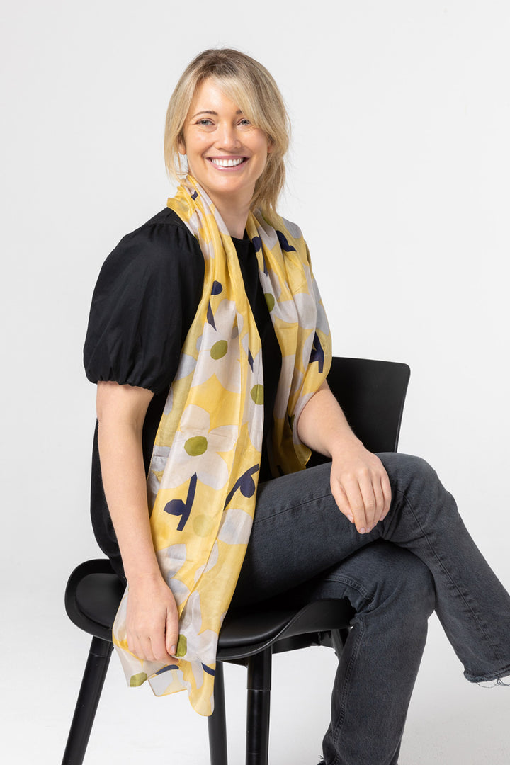 Desert Rose Silk Scarf - Lemon / Ivory / Indigo