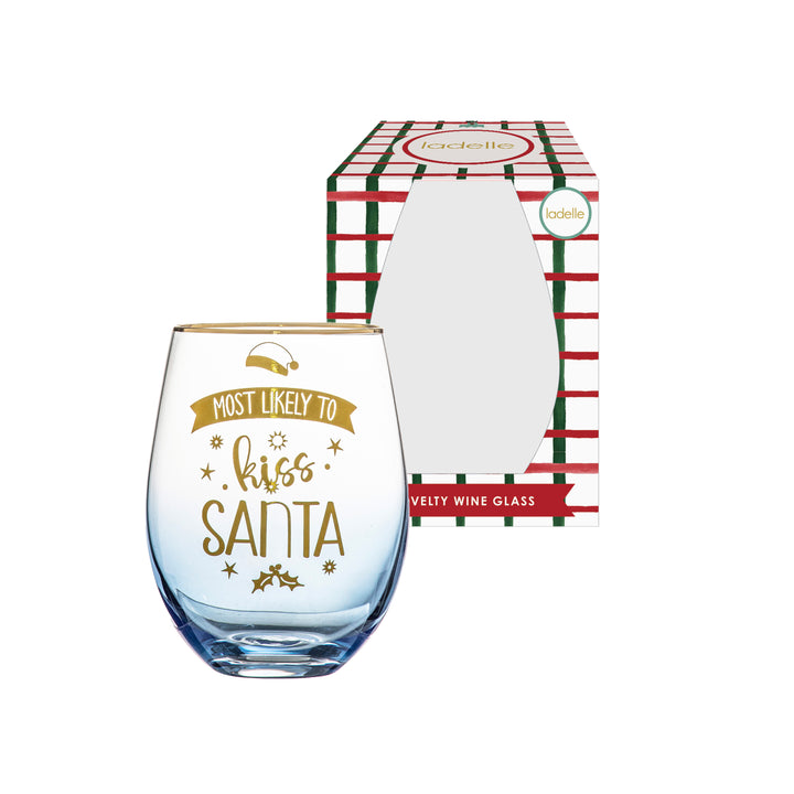 Ladelle Christmas Kiss Santa Stemless Wine Glass