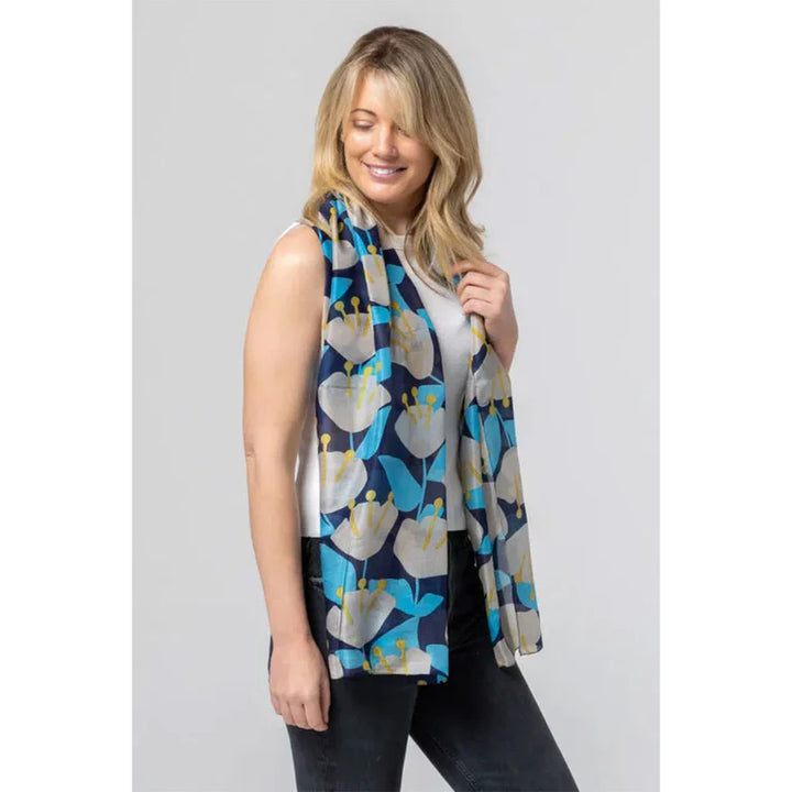 Tulip Silk Scarf - Sky, Indigo & Ivory