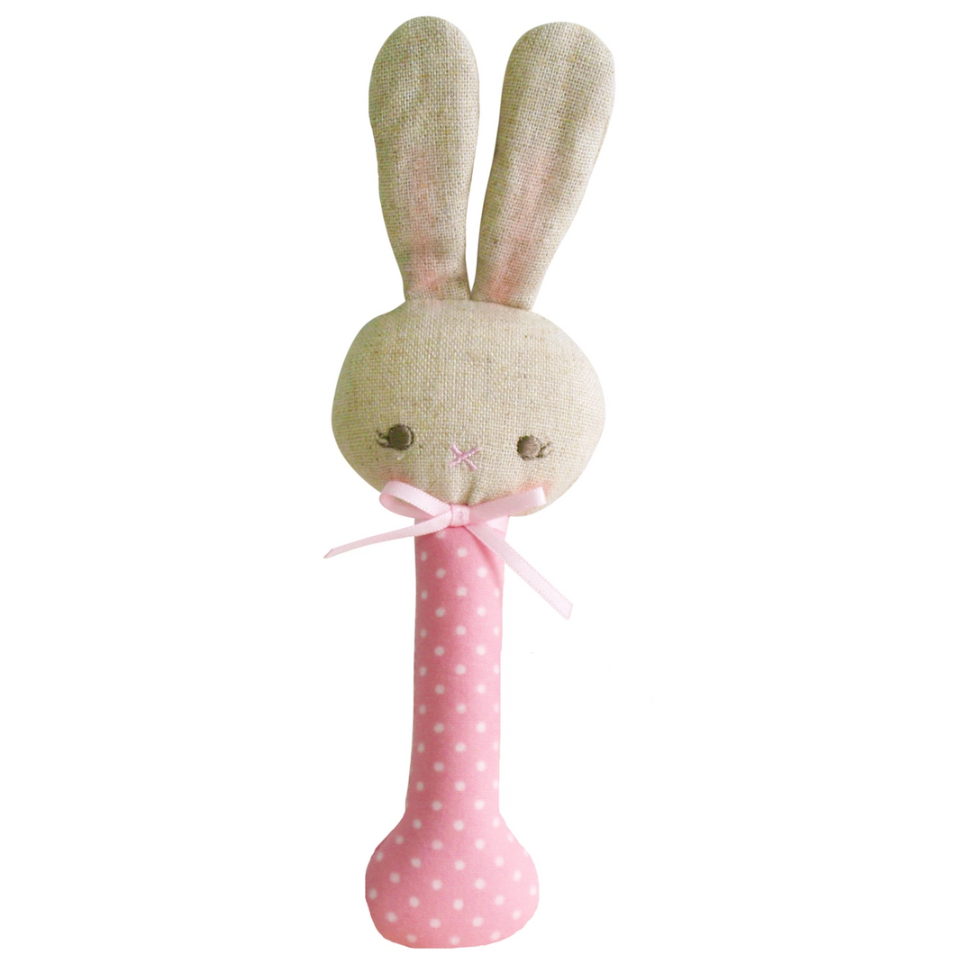 Alimrose Baby Bunny Stick Rattle Pink with White Spot