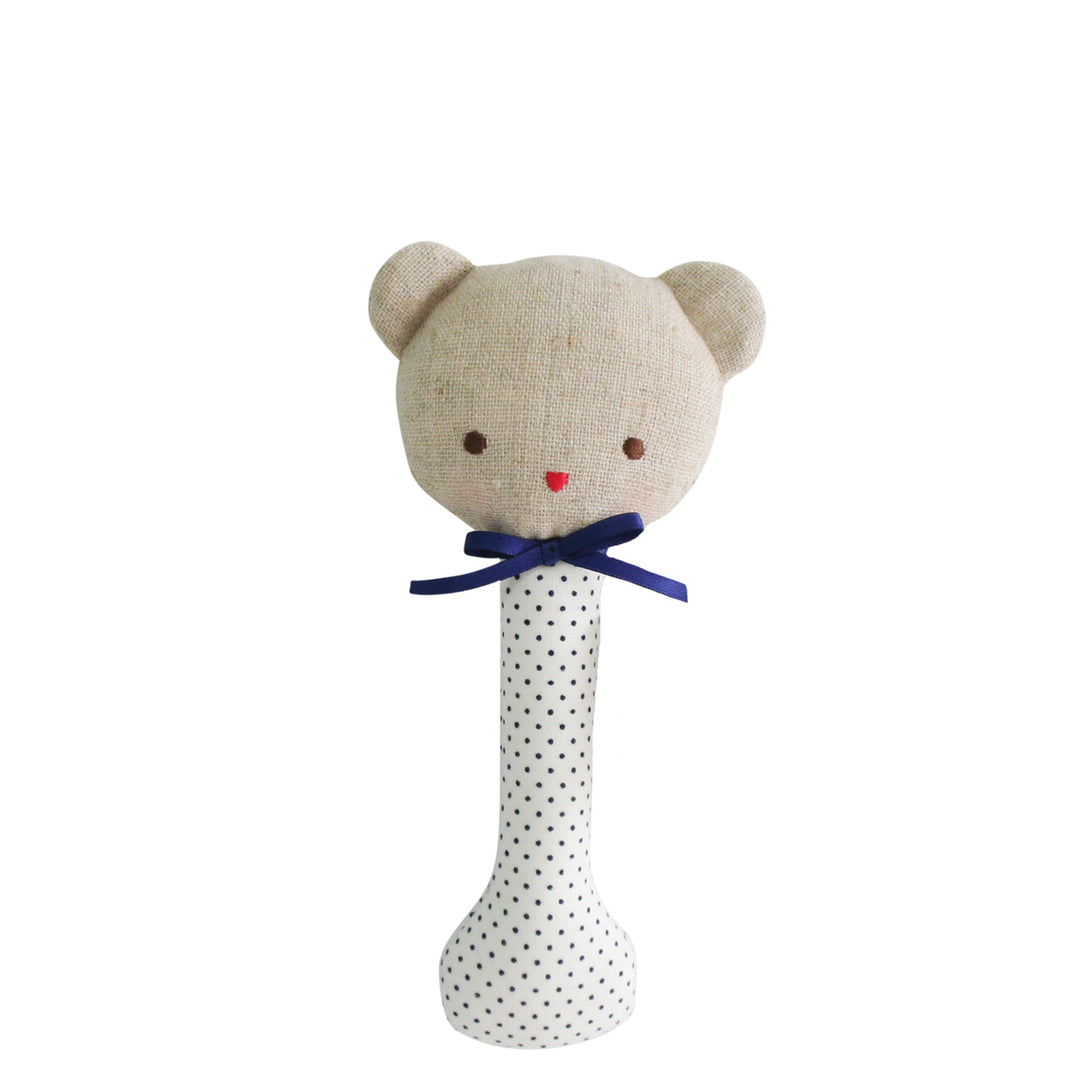 Alimrose Baby Bear Stick Rattle - Navy Spot