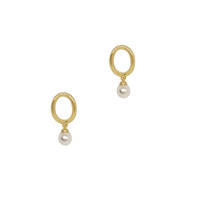 Open Oval Drop Pearl Earrings - Gold