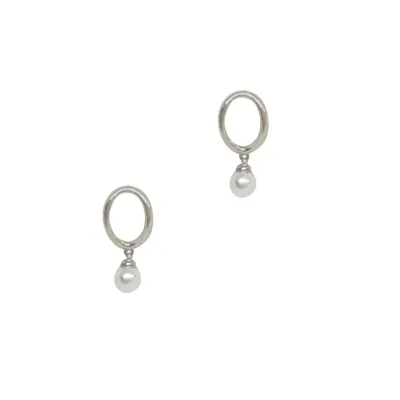 Open Oval Drop Pearl Earrings - Silver