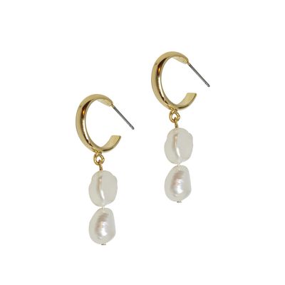 Irreg Pearl Drop Hoop Earrings - Gold