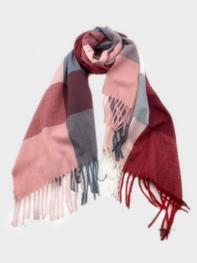 Pink Red & Grey Plaid Cashmere Shawl Wrap