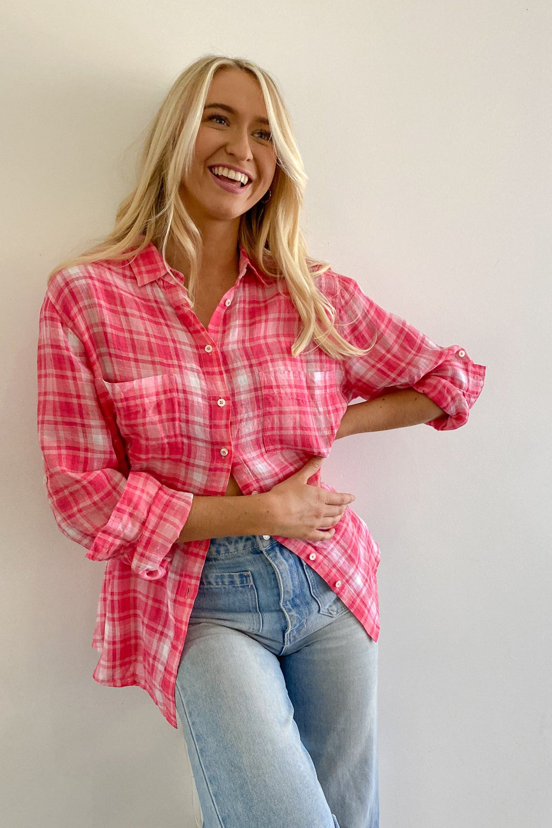 Pink Shadow Plaid Boyfriend Linen Shirt