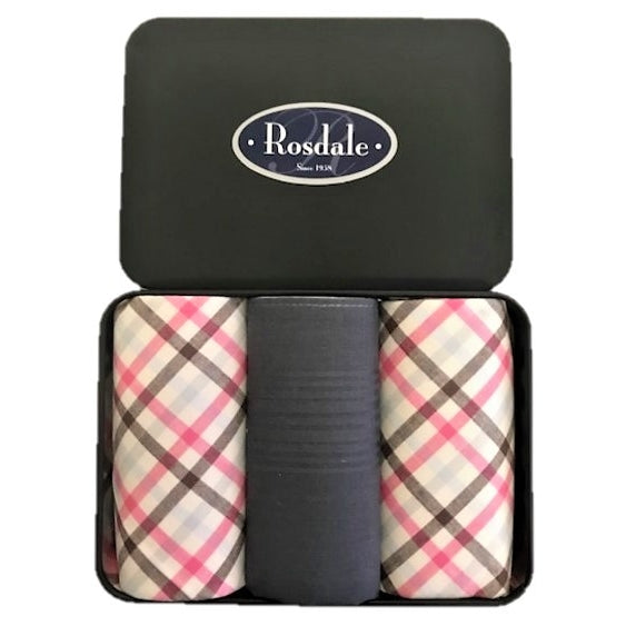 Mens 3 in a Tin Handkerchiefs - Grey & Pink Checks