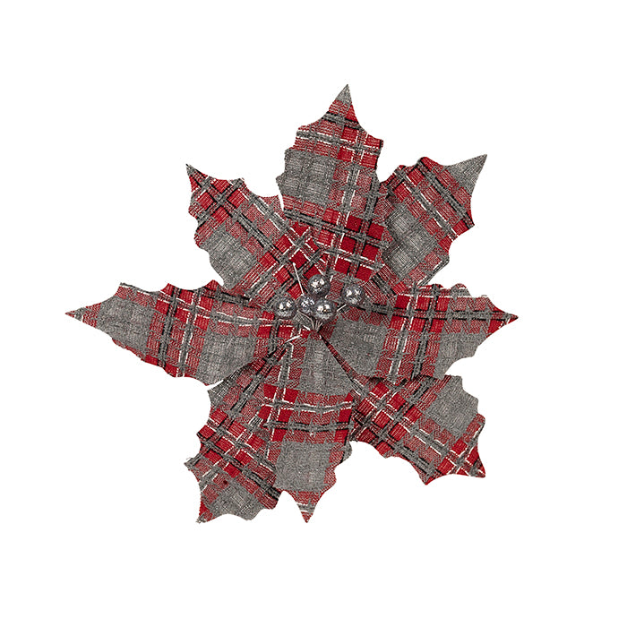 Clip On Poinsettia - Grey & Red Tartan